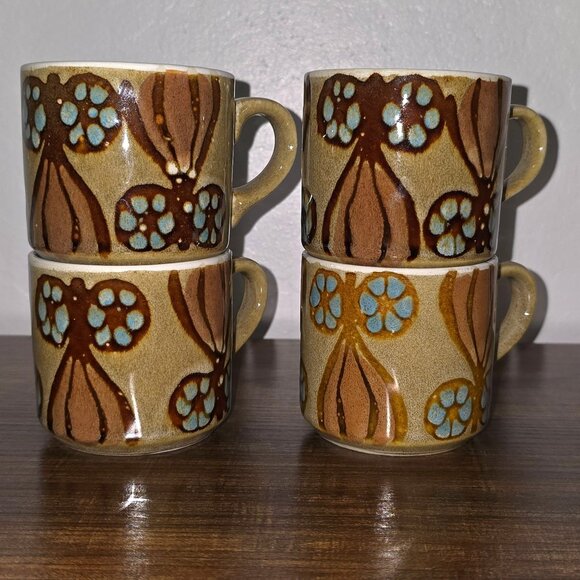 Set Of 4 Vintage MCM 1970s Ceramic Flower Print Coffee Cups/Mugs - READ - Picture 2 of 12